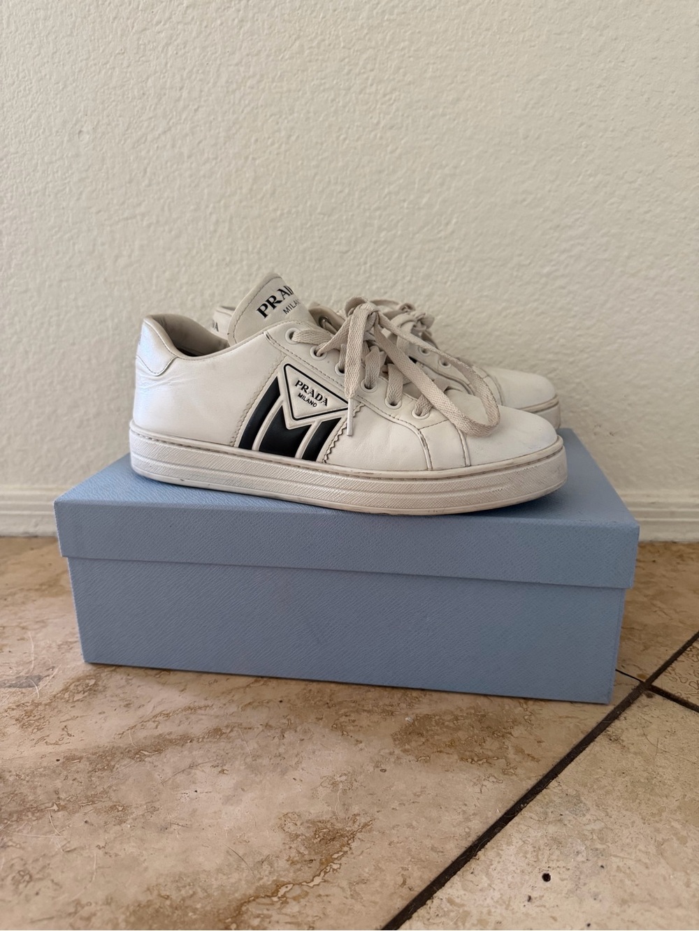 Prada White District Avenue Leather Sneakers with Black Detailing